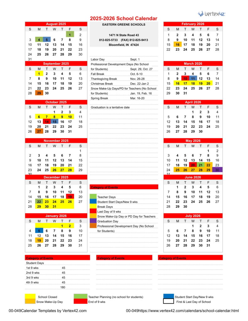 Eastern Greene Schools calendar