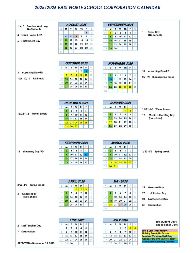 East Noble School Corporation Calendar 25 26 Revised PDF EduCounty