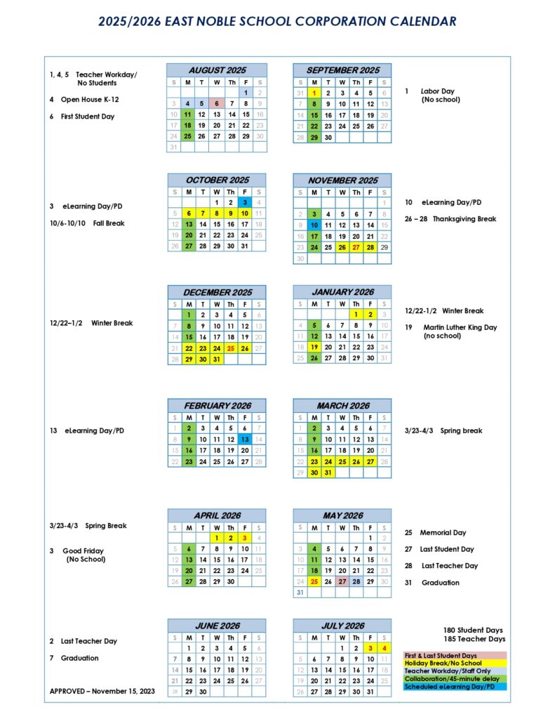 East Noble School Corporation calendar