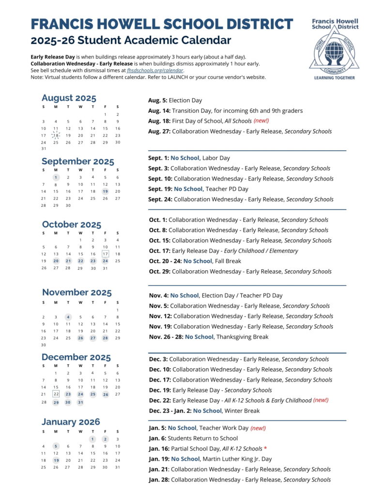 FRANCIS HOWELL SCHOOL DISTRICT CALENDAR