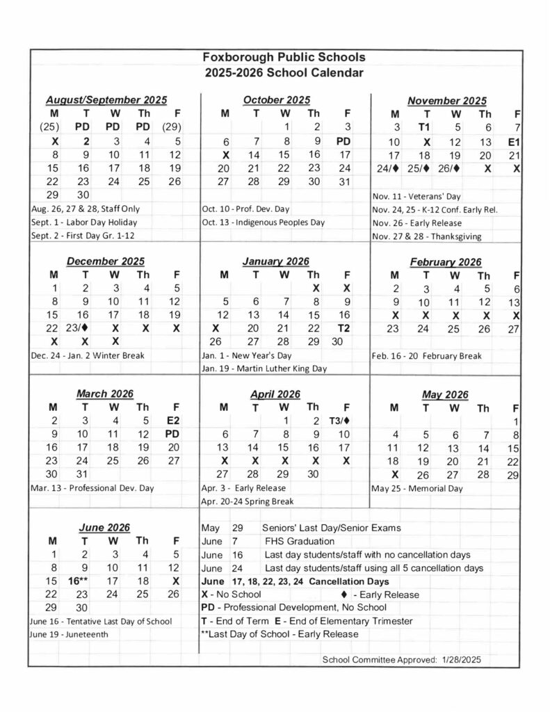 Foxborough Public Schools ma Calendar