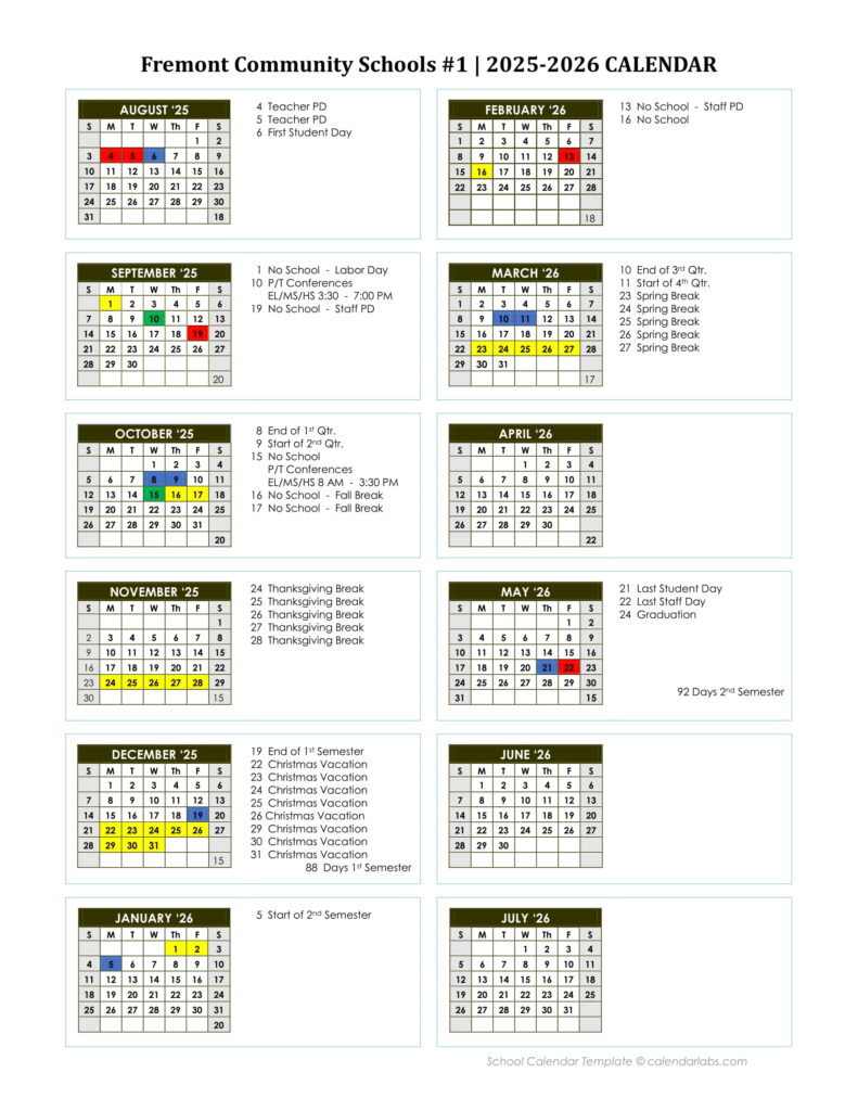 Fremont Community Schools #1 CALENDAR