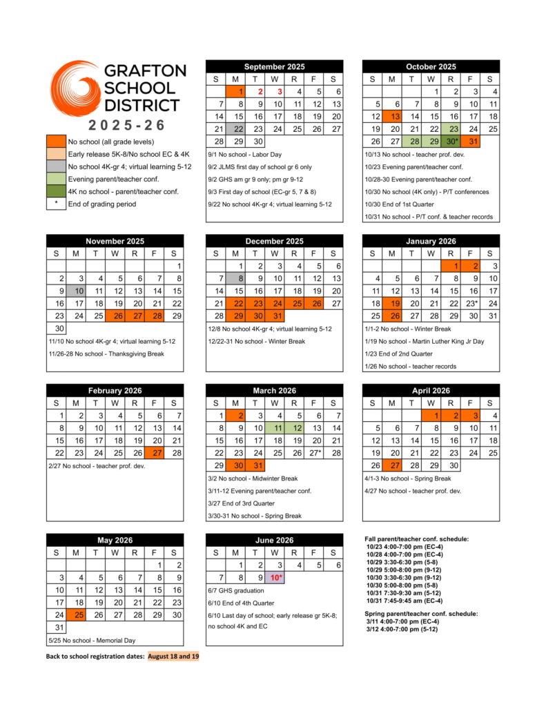 GRAFTON SCHOOL DISTRICT CALENDAR