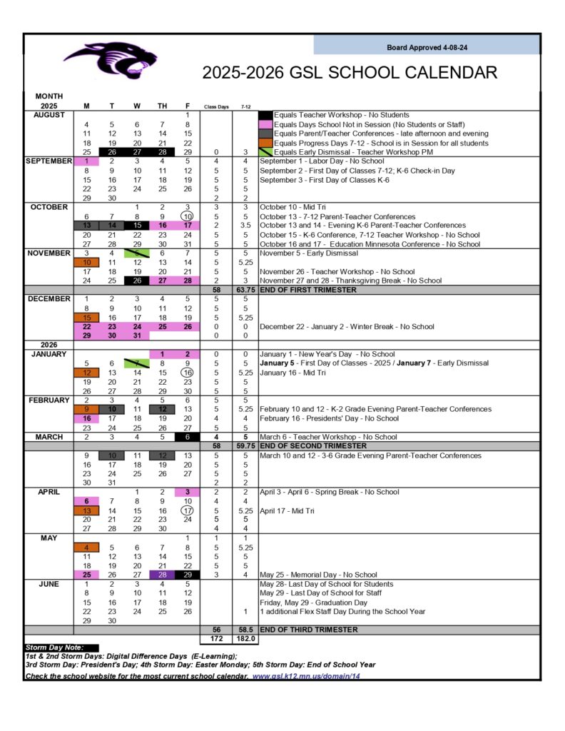 GSL SCHOOL CALENDAR 25-26