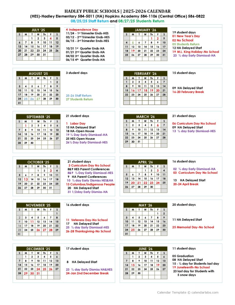 Hadley Public schools CALENDAR