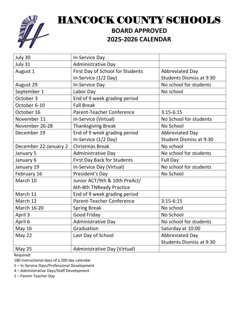 HANCOCK COUNTY SCHOOLS CALENDAR