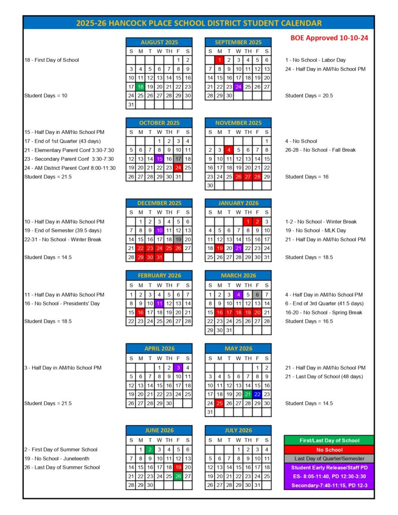Hancock Place School District calendar