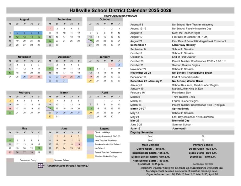Hallsville School District Calendar 25 26 Revised PDF EduCounty