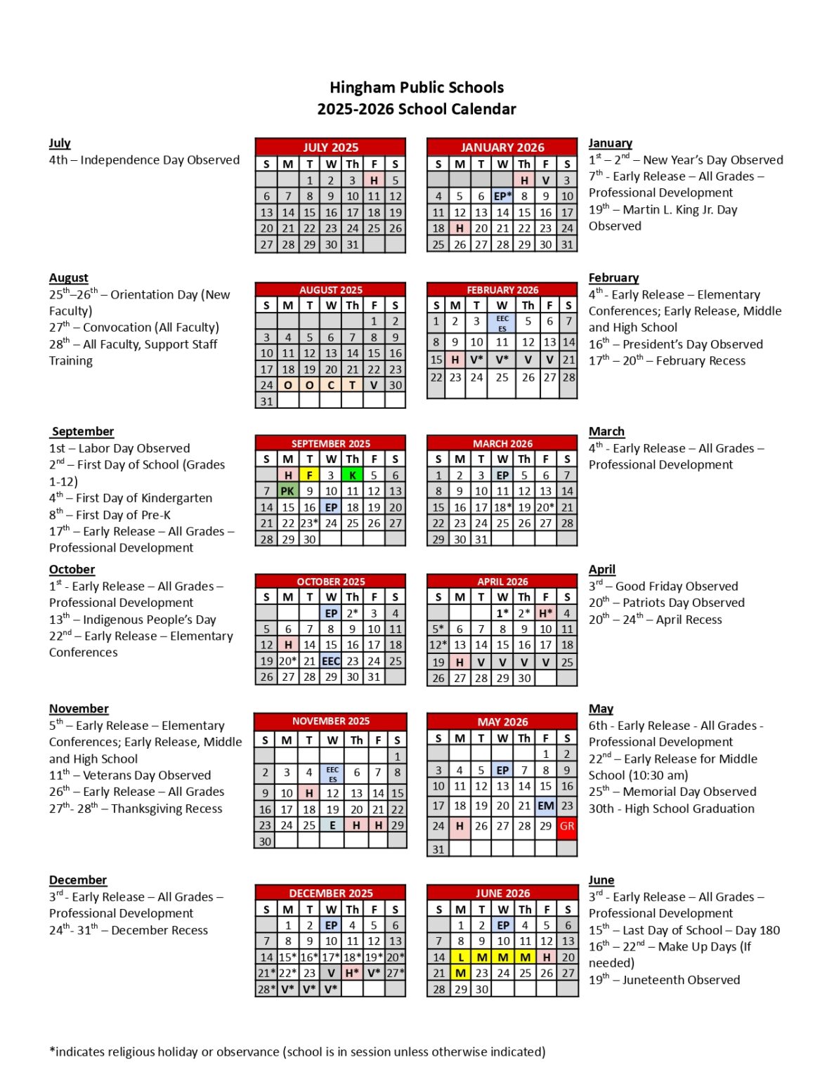 Hingham Public Schools Calendar 25 26 Revised PDF EduCounty