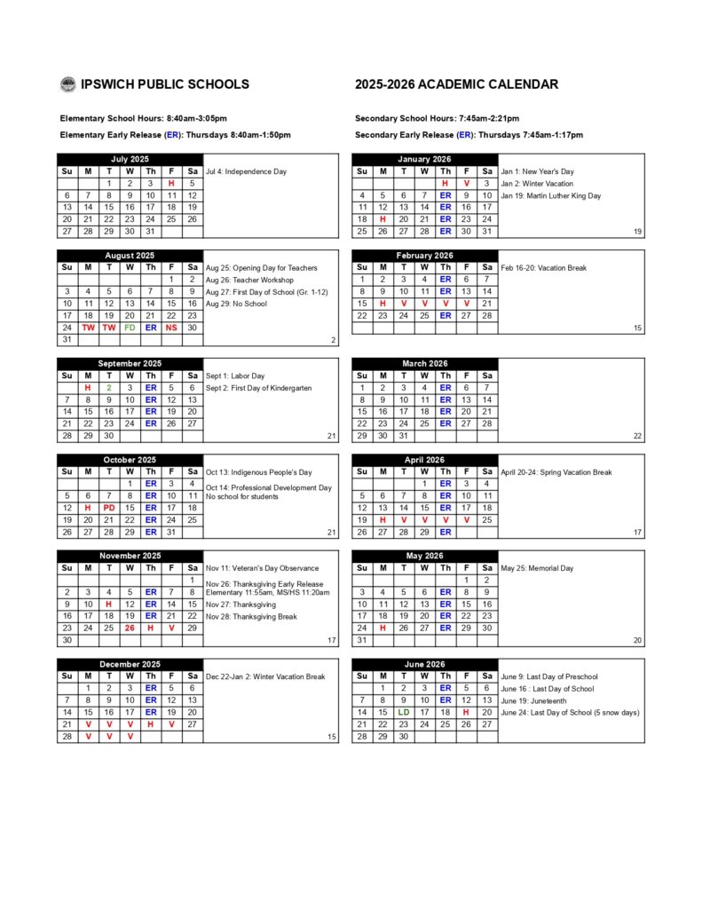 Ipswich Public Schools Calendar
