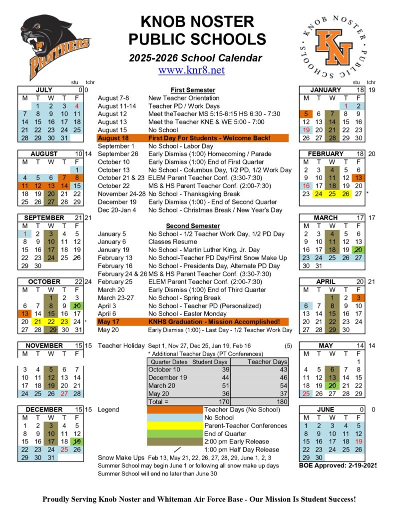 KNOB NOSTER PUBLIC SCHOOLS 25-26 CALENDAR