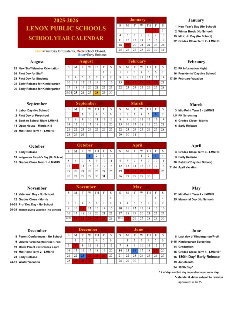Lenox Public Schools calendar