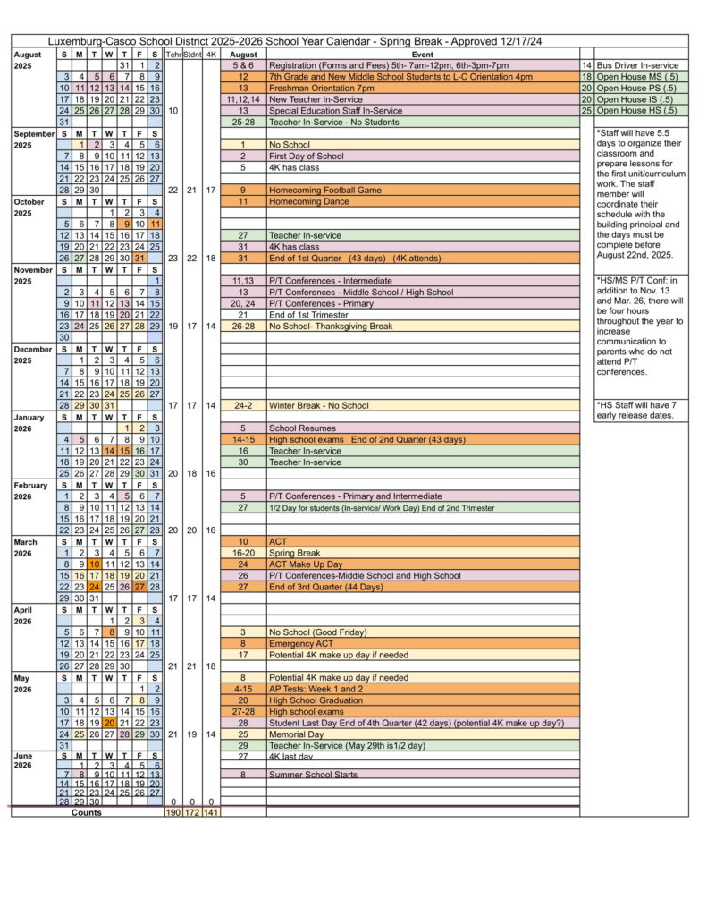 Luxemburg-Casco School District CALENDAR