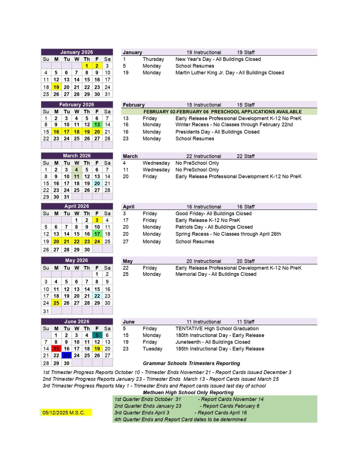 Methuen Public School District Calendar 2526 revised [PDF] EduCounty