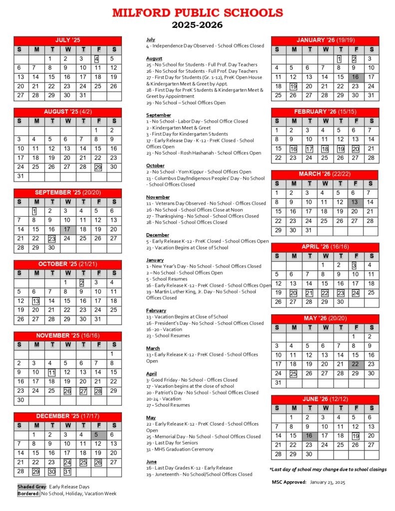 MILFORD PUBLIC SCHOOLS, CALENDAR