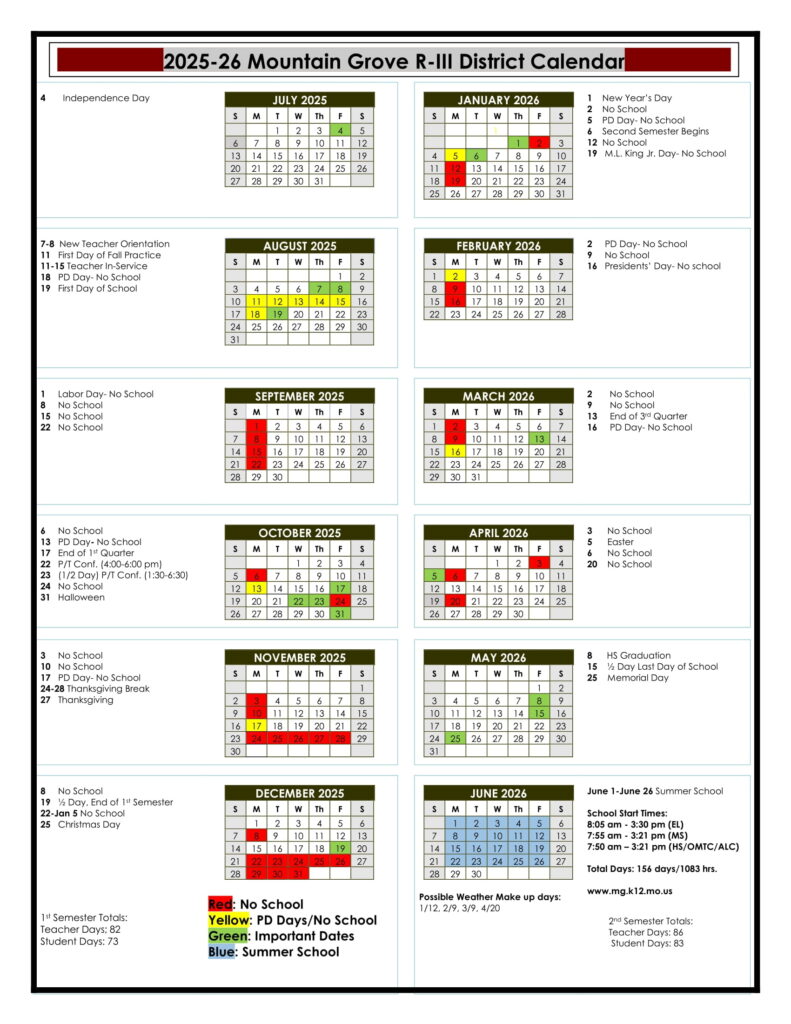 MOUNTAIN GROVE SCHOOLS CALENDAR
