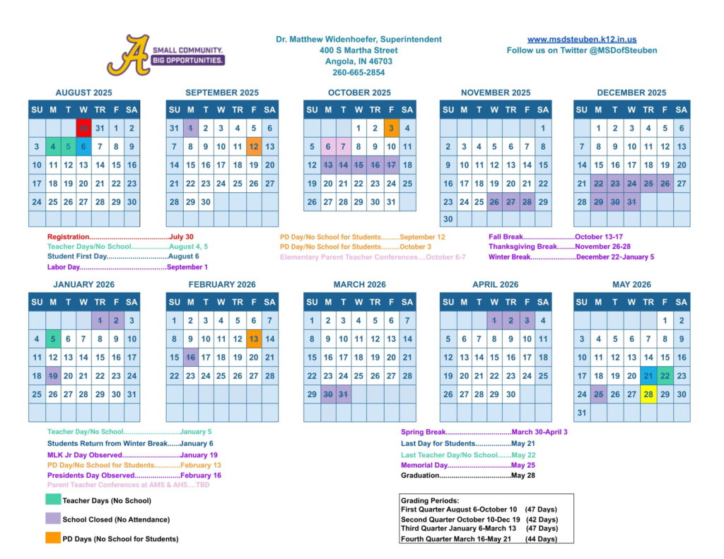 MSD of Steuben County calendar