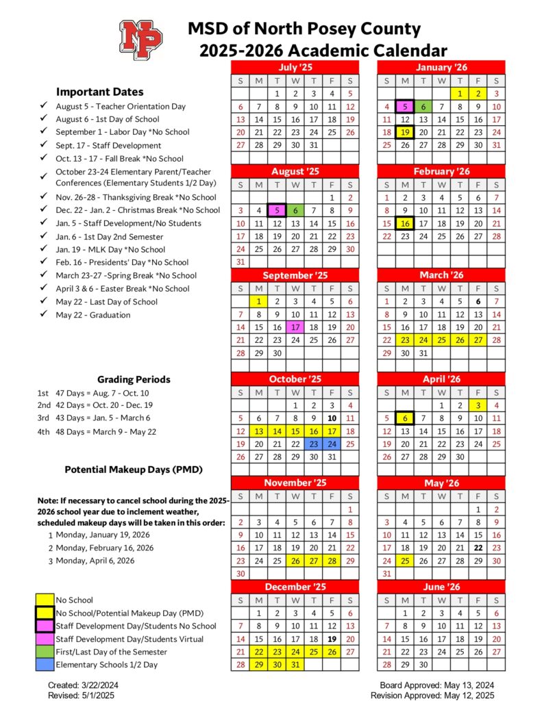 MSD of North Posey County calendar