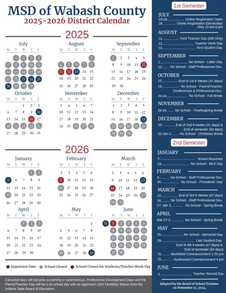 MSD of Wabash County Schools Calendar