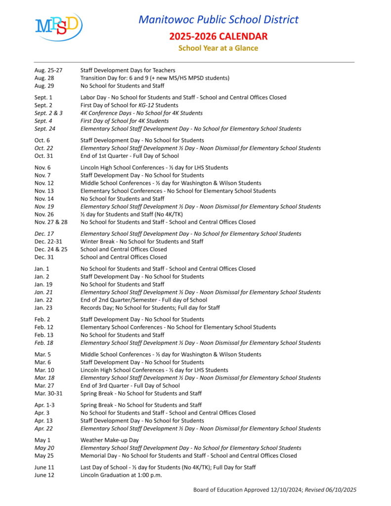 Manitowoc Public School District calendar