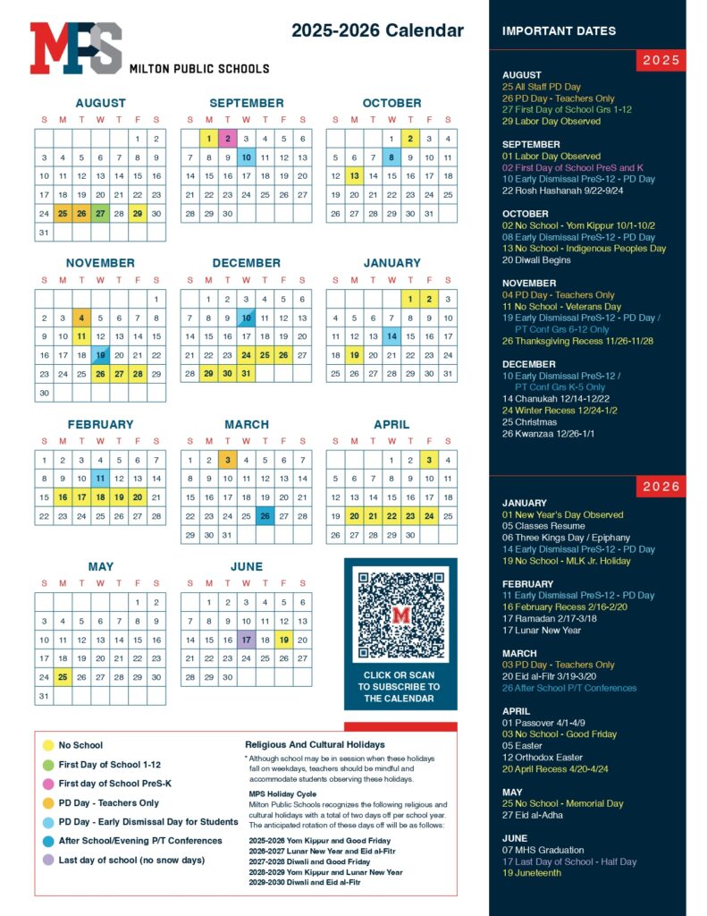 Milton Public Schools MA Calendar