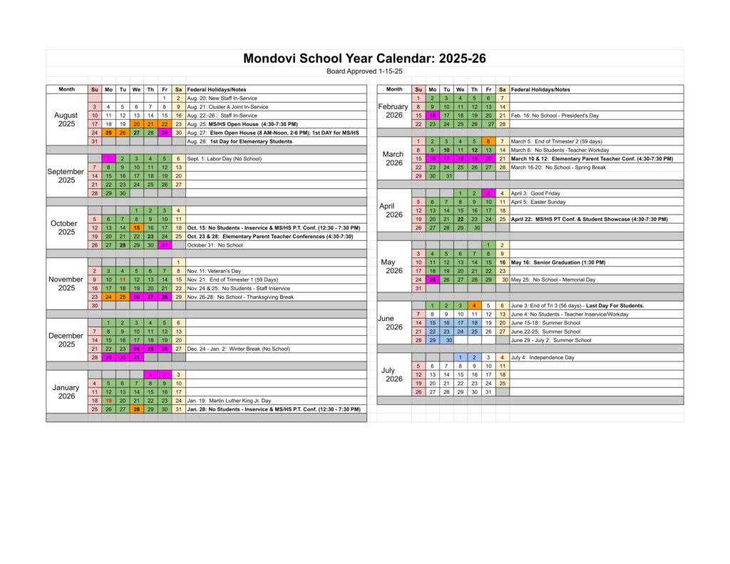 Mondovi School Year Calendar