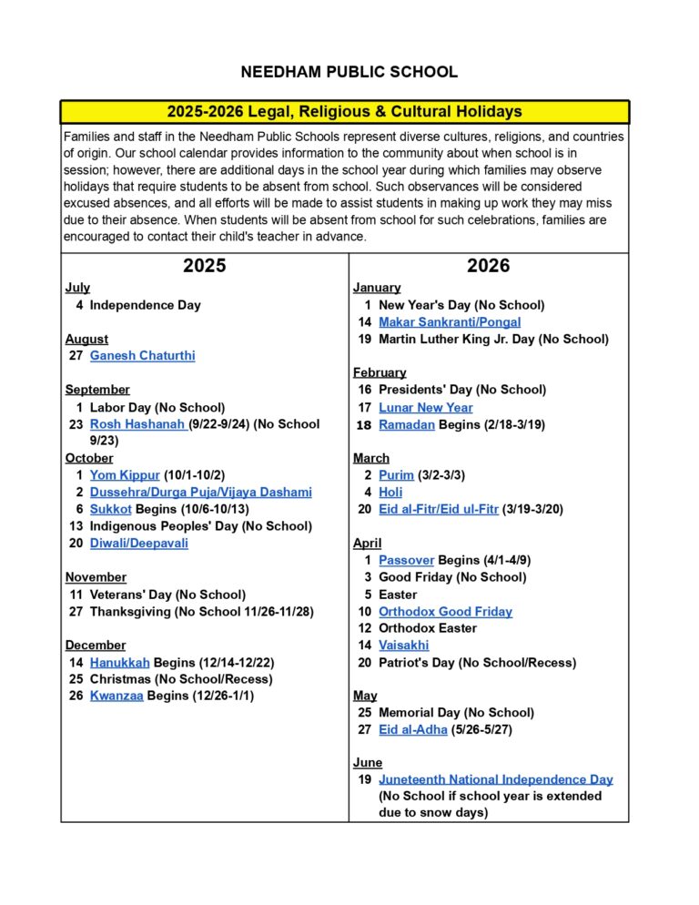 Needham Public Schools Calendar 25-26 Revised [PDF] - EduCounty