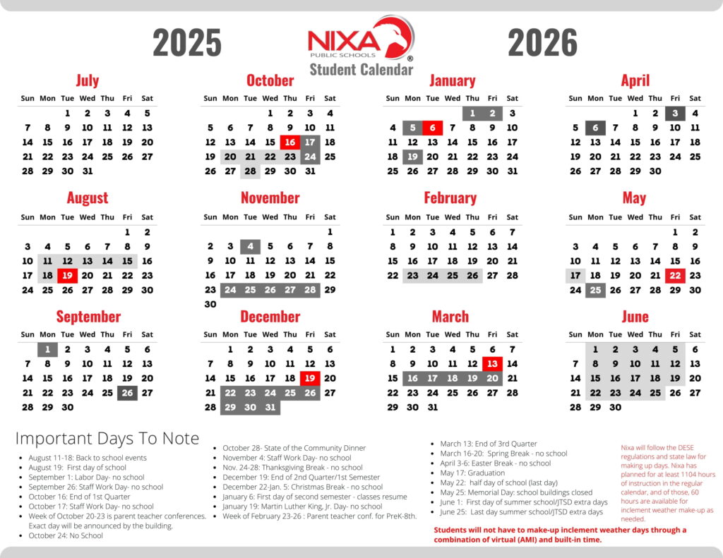 Nixa Public Schools calendar