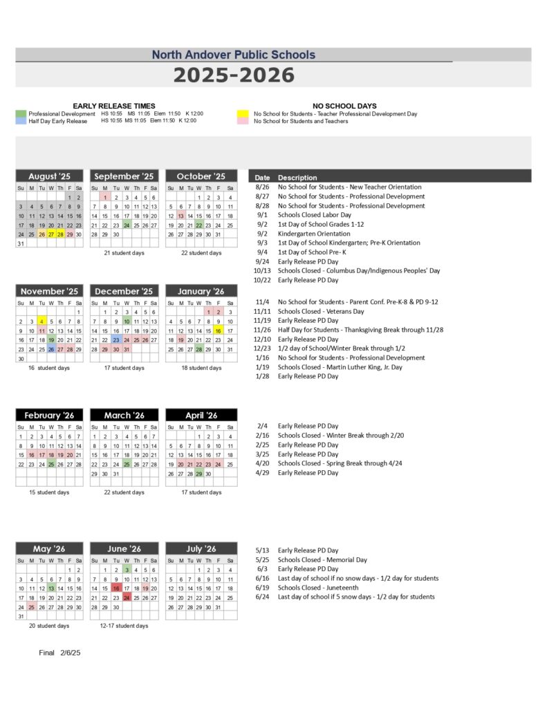 North Andover Public Schools CALENDAR
