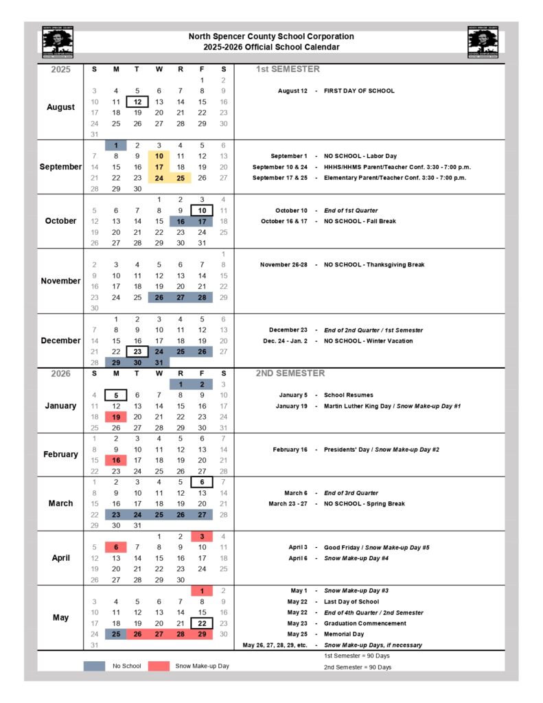 North Spencer County School Corporation, 2025 2026 calendar