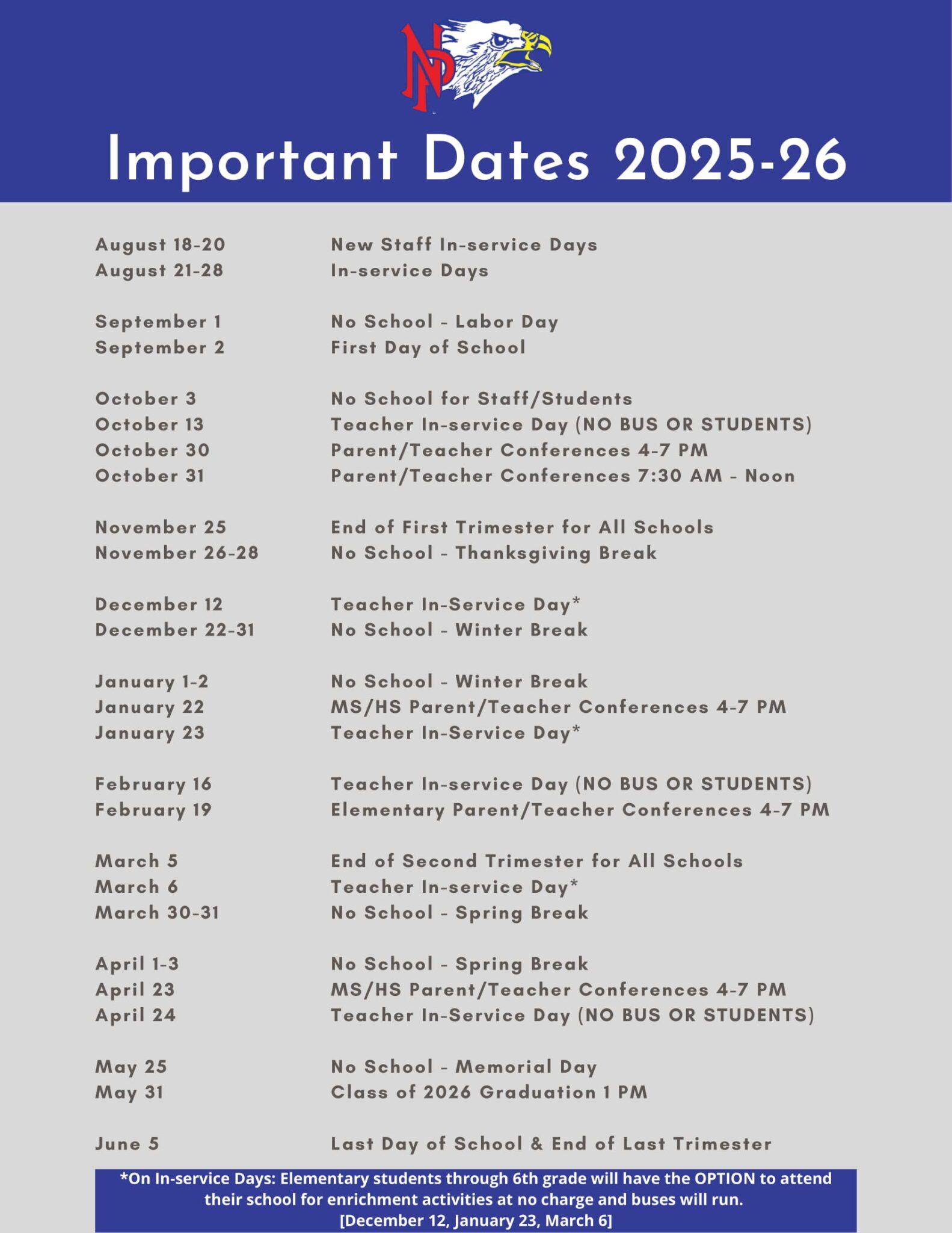 Northland Pines School District wi Calendar 25-26 Revised [pdf] - EduCounty