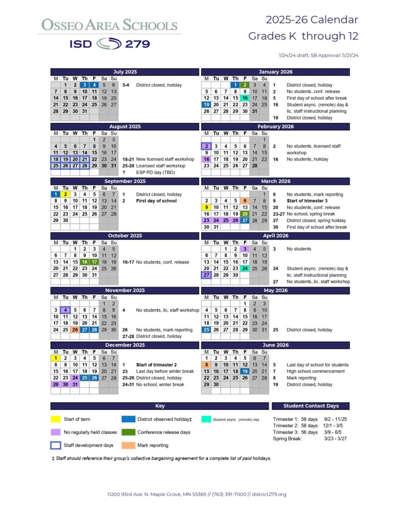 OSSEO AREA SCHOOLS ISD 279 25-26 CALENDAR