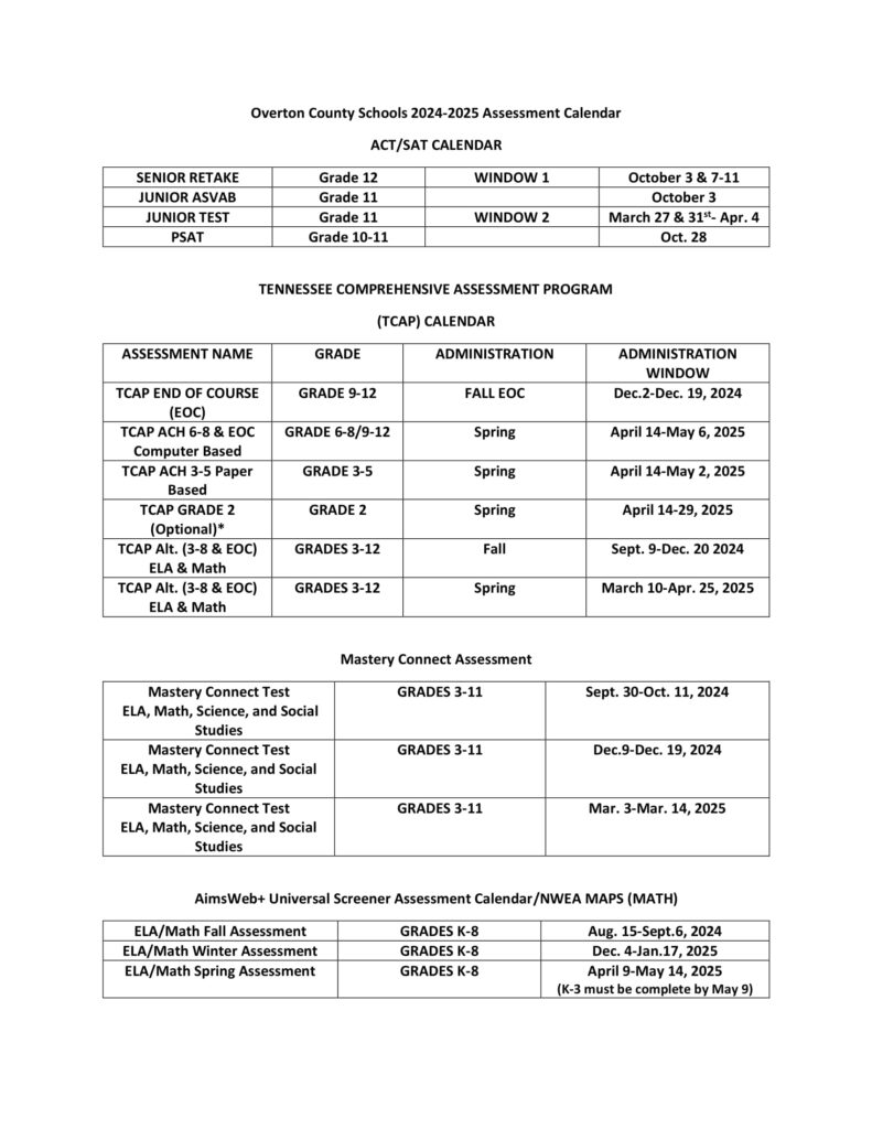 Overton County Schools calendar