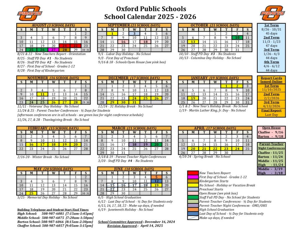 Oxford Public Schools calendar