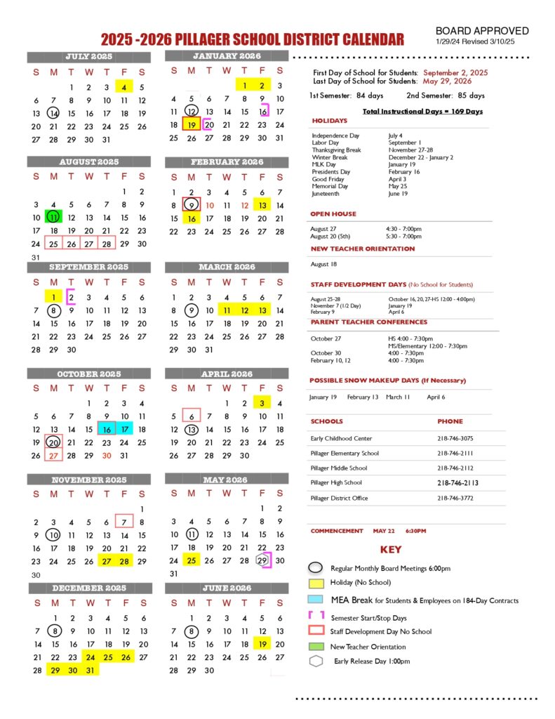 PILLAGER SCHOOL DISTRICT 25-26 calendar