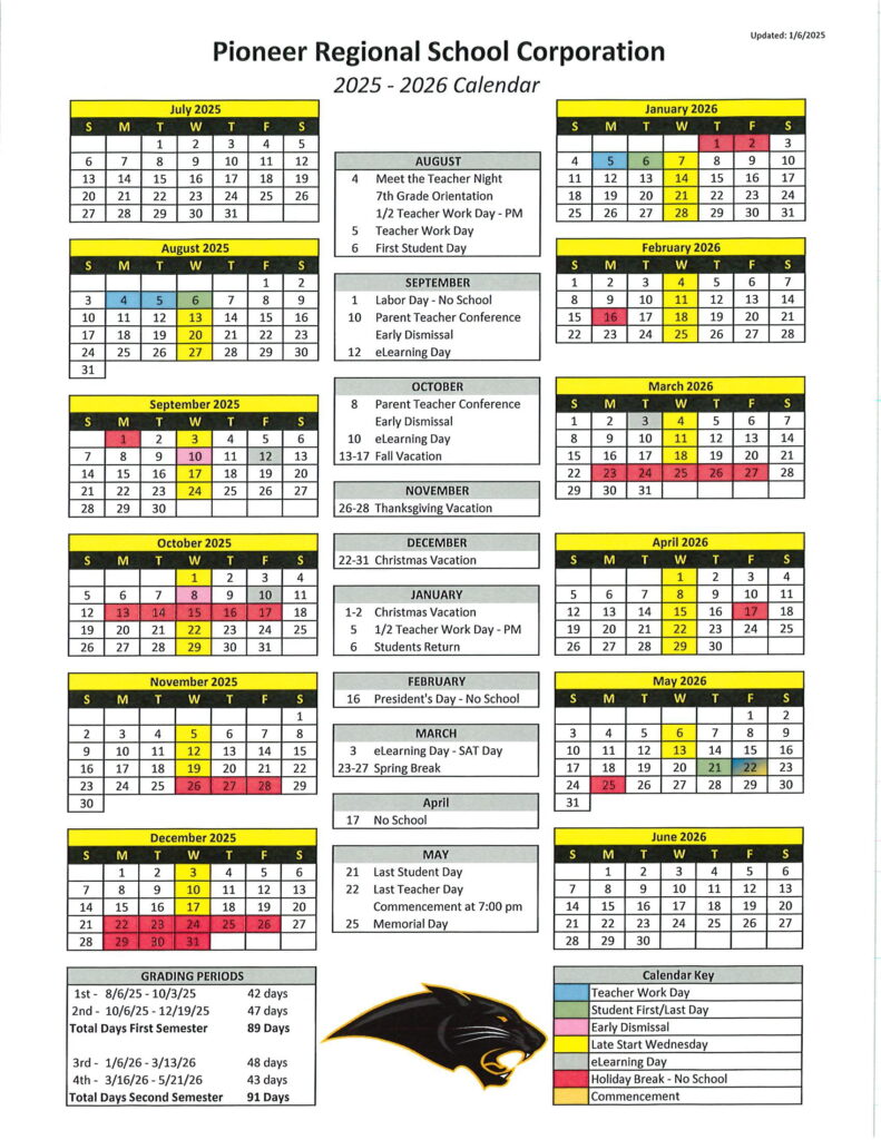 PIONEER REGIONAL SCHOOL CALENDAR