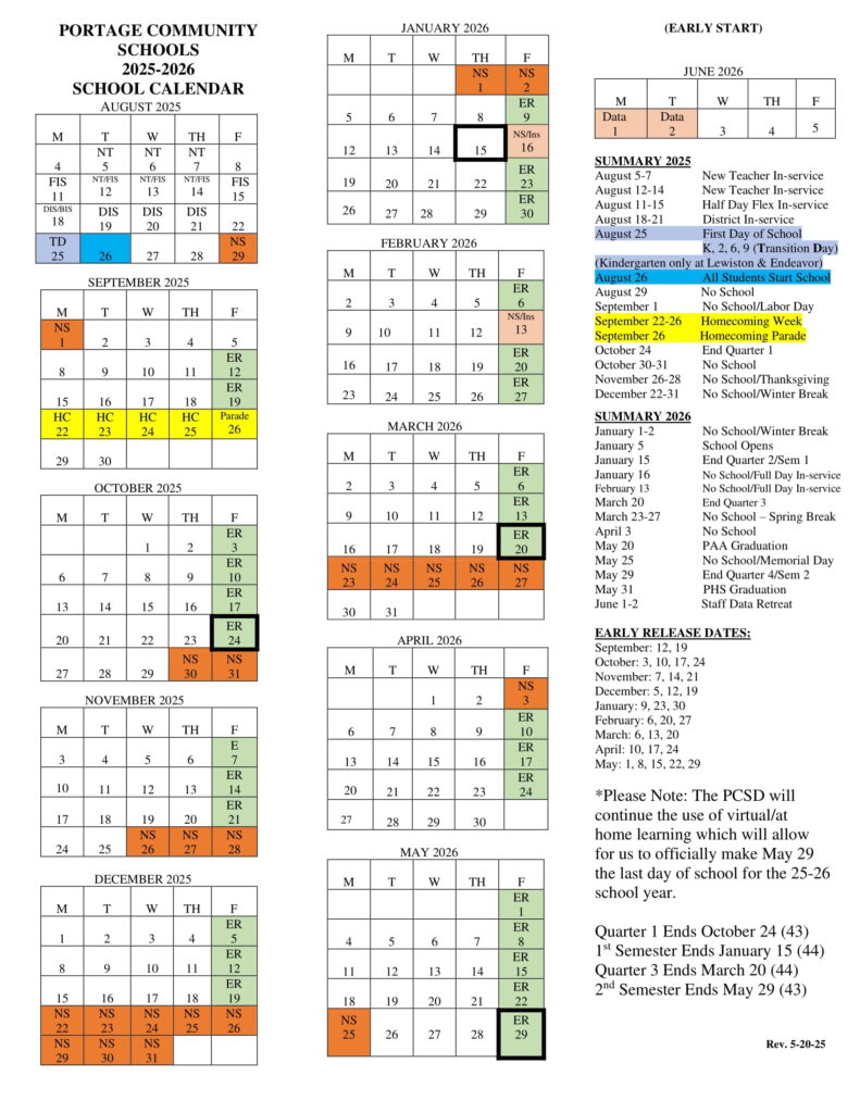 Portage Community School District calendar