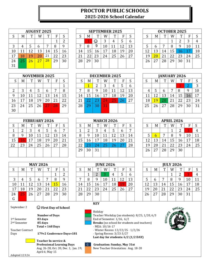 PROCTOR PUBLIC SCHOOLS 25-26 CALENDAR