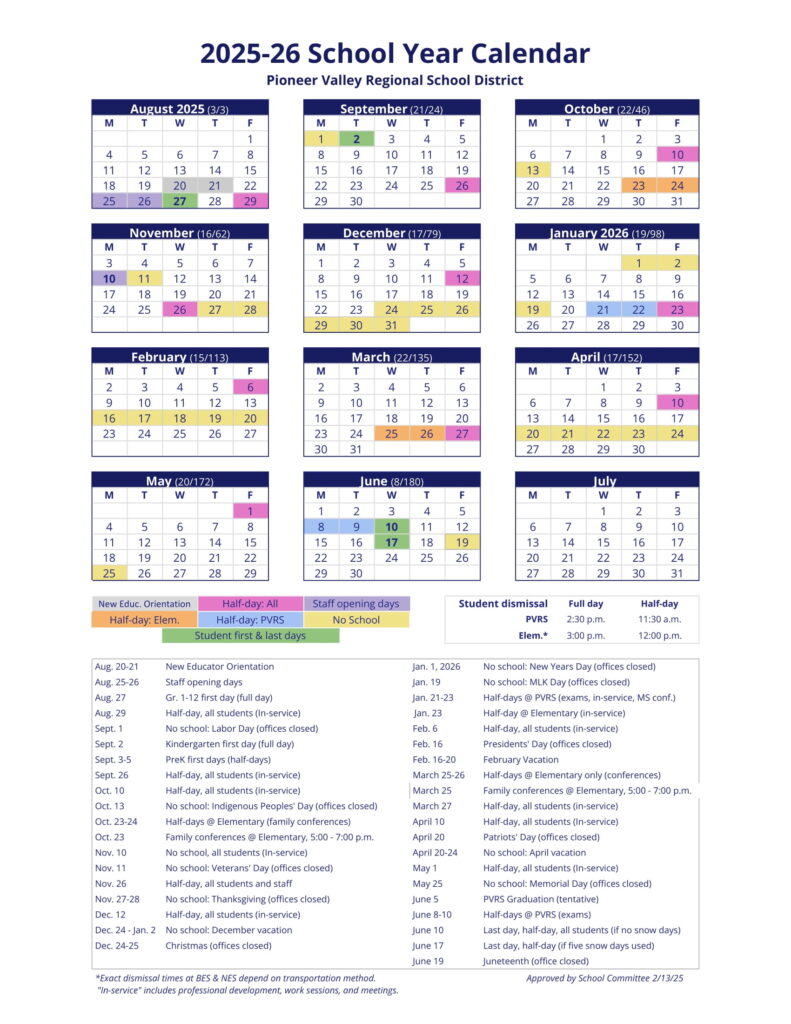 Pioneer Valley Regional School District Calendar PVRSD