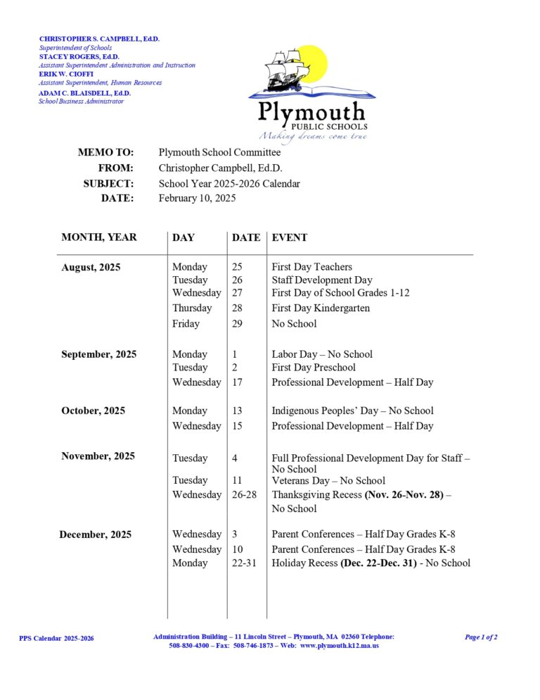 Plymouth County Schools Calendar 25-26 Revised [PDF] - EduCounty