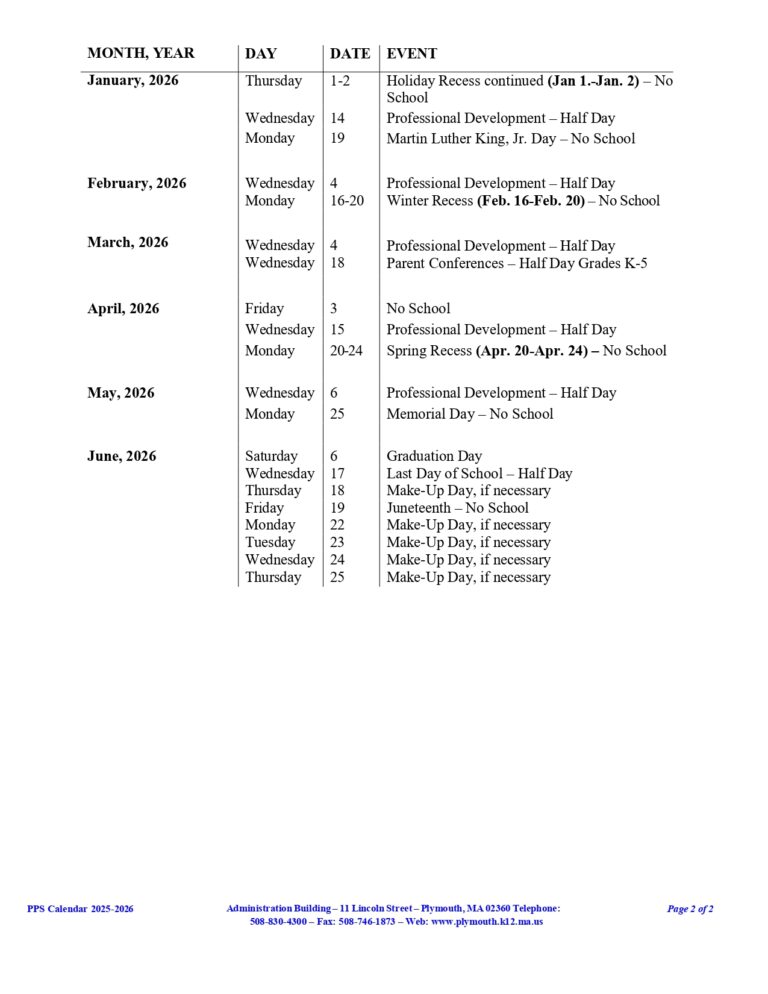 Plymouth County Schools Calendar 25-26 Revised [PDF] - EduCounty