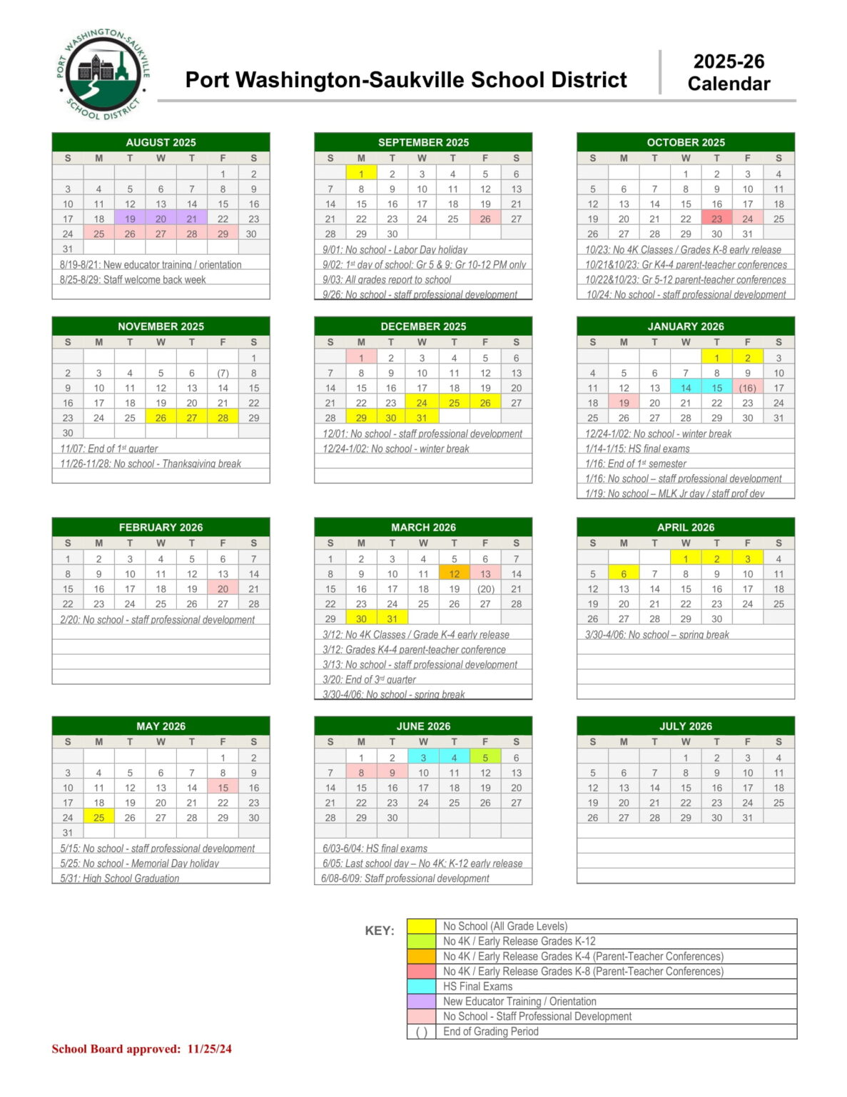 Port Washington Saukville School WI Calendar 25 26 Revised PDF