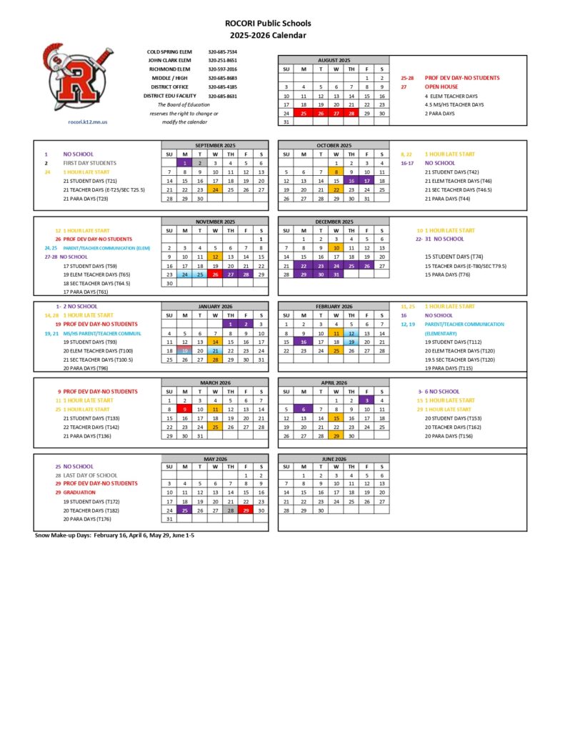 ROCORI Public Schools 25-26 calendar