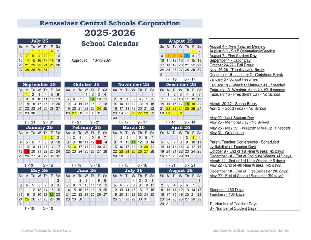 Rensselaer Central Schools Corporation calendar