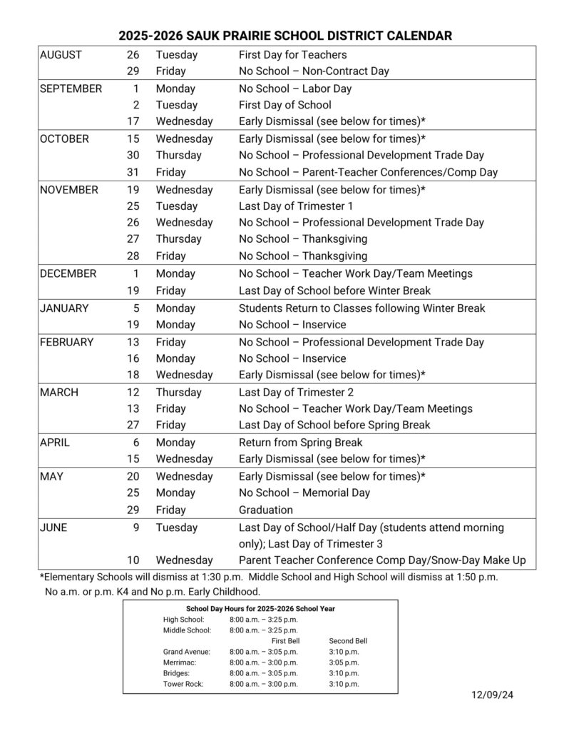 sauk prairie school district calendar