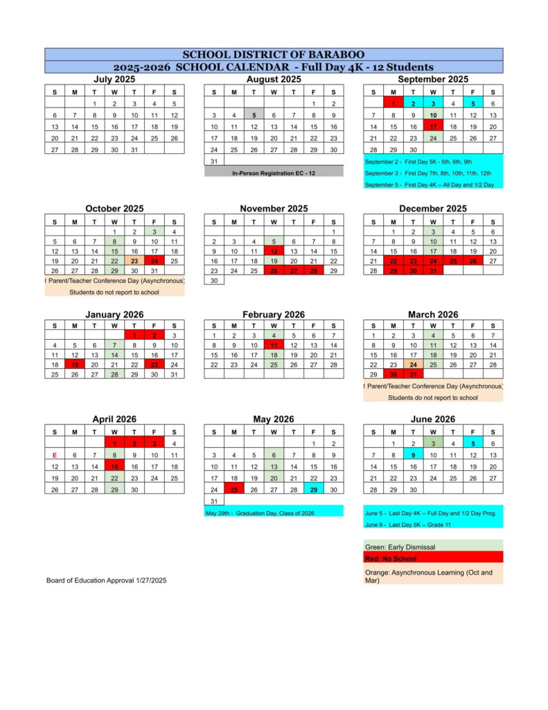 SCHOOL DISTRICT OF BARABOO CALENDAR