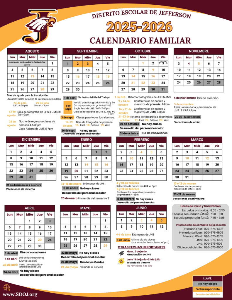SCHOOL DISTRICT OF JEFFERSON CALENDAR