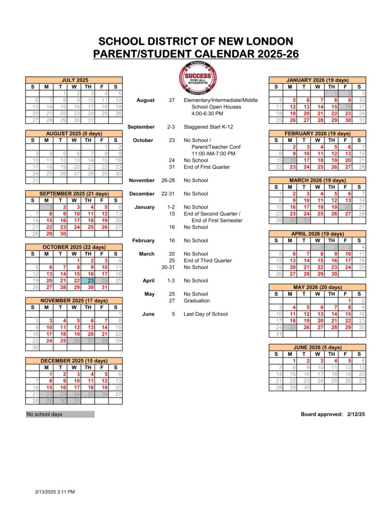 SCHOOL DISTRICT OF NEW LONDON CALENDAR