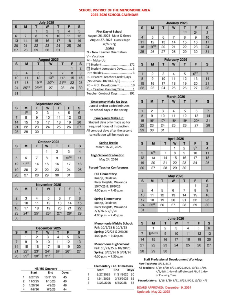 Menomonie Area School Calendar wi 25-26