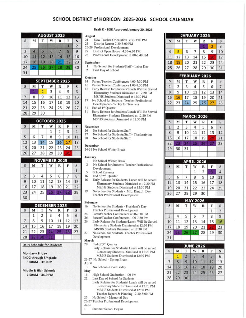 school district of horicon calendar